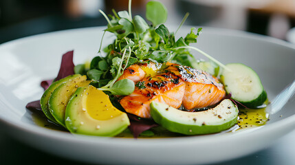 Close-up of brain-boosting meal with grilled salmon avocado and leafy greens drizzled with olive oil in modern kitchen

