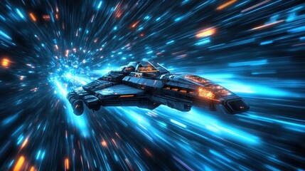 Futuristic spaceship flying through a wormhole with blue and orange lights.