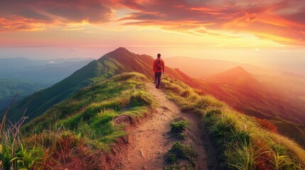 A lone hiker walks along a mountain ridge at sunset. AI.