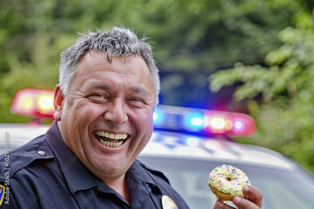 Wall mural A police officer smiles while holding a donut. AI.