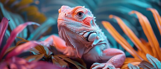 Obraz premium A lizard with colorful skin sits among green leaves. AI.