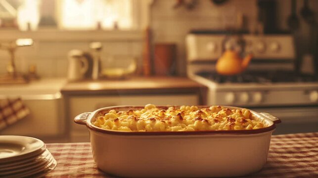 A baking dish filled with macaroni and cheese sits on a checkered tablecloth in a kitchen. The dish is in focus, while the kitchen's background is blurred, steaming comfort food