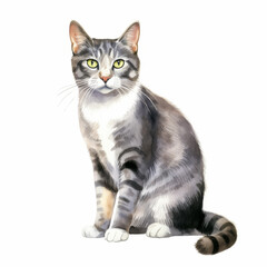Fototapeta premium Realistic Watercolor Illustration of a Gray Tabby Cat with Green Eyes - Perfect for Pet Lovers and Art Enthusiasts