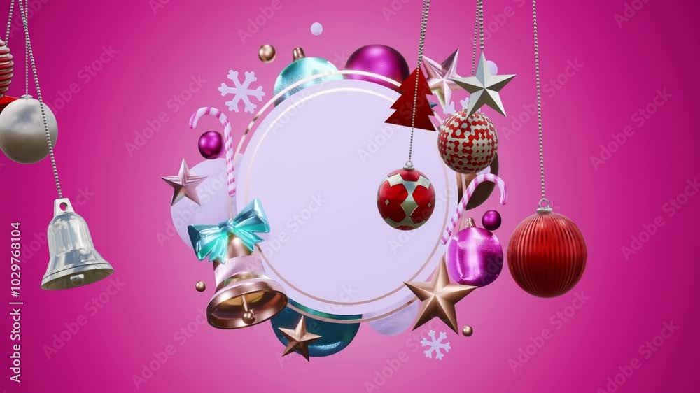 Poster Animation of christmas baubles over circle with copy space and christmas decorations