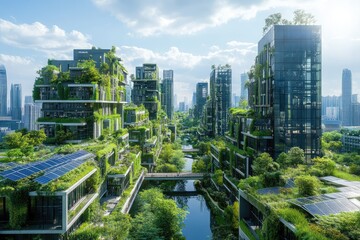 Futuristic Urban Architecture with Greenery and Solar Panels in a Modern Eco-Cityscape