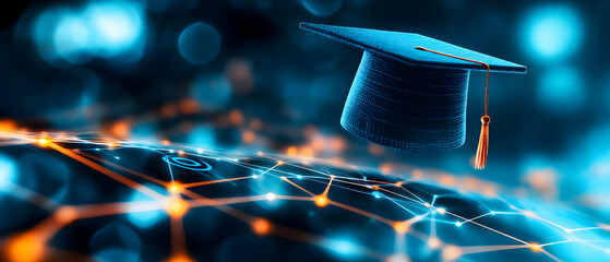 Digital graduation cap over a glowing network background representing education and technology.