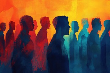 Silhouettes of Diverse People Against Vibrant Orange and Blue Background