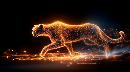 Fototapeta premium A glowing cheetah made of light, elegantly walking through an ethereal landscape of sparks.