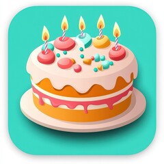 A vibrant birthday cake with colorful decorations and candles on a turquoise background, perfect for celebrations. mobile application icons