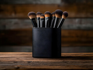 Black makeup brushes neatly arranged in a holder on a rustic wooden surface.