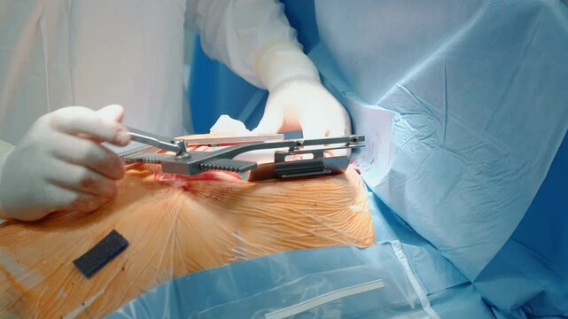 Surgeon expands patient chest with dilator closeup. Doctor prepares wound for coronary artery bypass surgery in hospital. Medical procedures