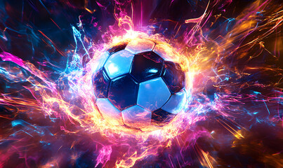 Fototapeta premium Dynamic Neon Football Action with Futuristic Geometric Patterns and Vibrant Light Trails for High-Energy Sports Advertising Backgrounds