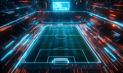 Dynamic Neon Football Action with Futuristic Geometric Patterns and Vibrant Light Trails for High-Energy Sports Advertising Backgrounds