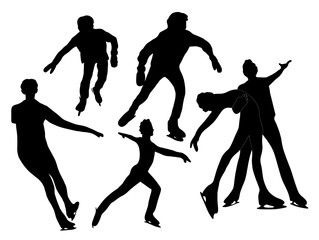 Set of ice skating Silhouette illustration. Fit fun sport people. Silhouette ice skater person. Ice skating silhouettes. Ice figure sliding sport silhouettes.