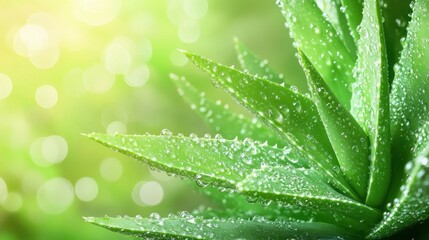 Naklejka premium Fresh Green Aloe Vera Plant with Dew Drops