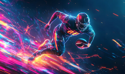 Dynamic Neon Football Action with Futuristic Geometric Patterns and Vibrant Light Trails for High-Energy Sports Advertising Backgrounds