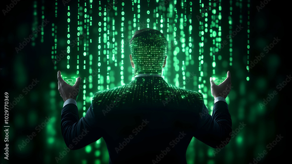 Poster a man in a suit interacts with flowing green binary code, symbolizing data and digital communication