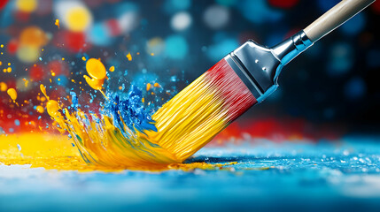 Fototapeta premium Colorful paint splash with brush against a vibrant backdrop, depicting creativity and artistic expression.