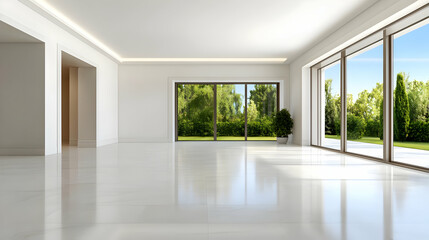 Fototapeta premium Spacious modern interior with large windows and bright natural light, showcasing an open and airy ambiance.
