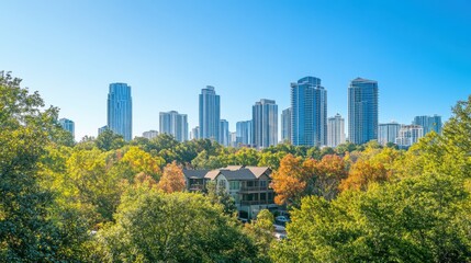 Obraz premium Cityscape with Green Trees and Blue Skyscrapers