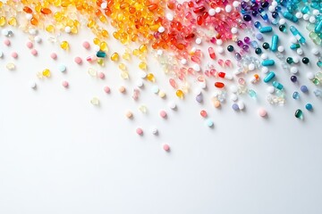 Naklejka premium Colorful Pills and Capsules Scattered on a White Background in a Vibrant Rainbow Pattern