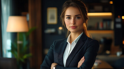 Fototapeta premium A woman in a business suit is standing in front of a lamp