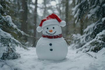 Fototapeta premium Cheerful snowman with a Santa hat stands in a snowy forest. Perfect for a festive winter or holiday scene.