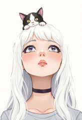 illustration a girl with white hair. looking upwards with cute black and white cat on her head