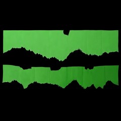 Green ripped paper torn edges strips isolated on black background
