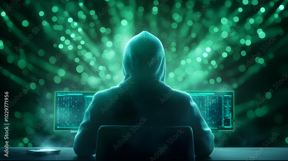 Poster a mysterious figure in a hoodie working on multiple screens surrounded by digital green lights and a