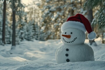 Festive snowman wearing a Santa hat in a snowy forest landscape, surrounded by trees and winter wonderland beauty.
