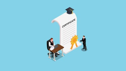 Candidate presenting certificate to recruiter certifying excellence recognizing top talent official recognition achievements 3d animation cartoon