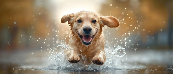 A joyful golden retriever leaps through the water, splashing and playing with a vibrant autumn backdrop.