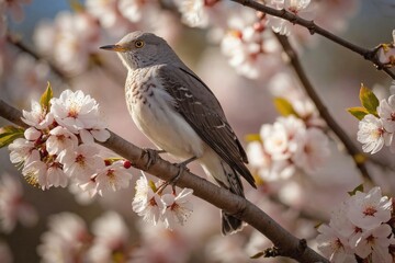 Obraz premium Cuckoo Perched on a Blooming Cherry Tree Branch