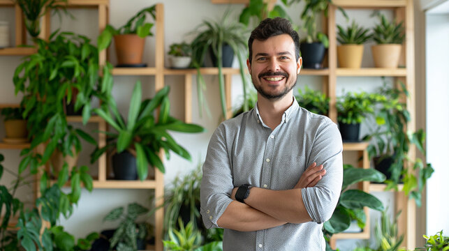 portrait of a happy software engineer standing in modern eco friendly office decorated with plants