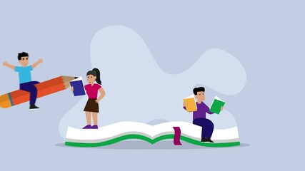 A joyful and sporting reader among books. Students sit on piles of books, gain knowledge, and learn cartoon animation