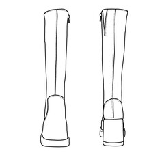 Leather Boots Platform Boots for Women's Square Toe Knee High Boots Shoes Line art, Technical sketch hand drawing outline vector doodle illustration rear and front view isolated on white background