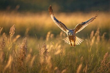 Fototapeta premium Kestrel Hovering Over a Sunlit Meadow