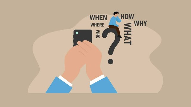 Thinking of who what where when why and how. 5w1h asking questions for solution to solve problem cartoon animation