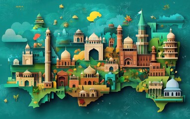 Naklejka premium A vibrant design celebrating Pakistan Day, showcasing monuments of Pakistan placed on a map of the country