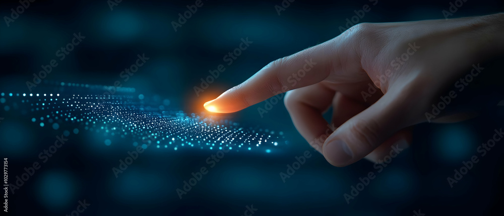 Poster futuristic hand interacting with a digital interface, glowing dots represent data points in a virtua