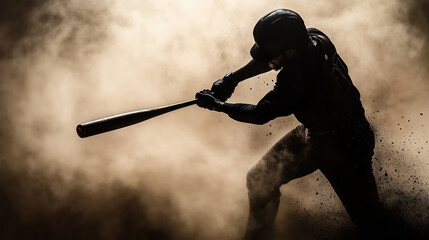 baseball player swings bat in dramatic, smoky atmosphere, capturing intensity of game. silhouette emphasizes strength and focus