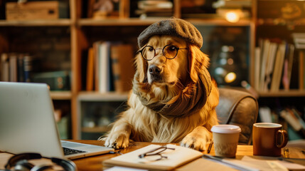 Golden Retriever dressed as a professor working on a laptop in a cozy library