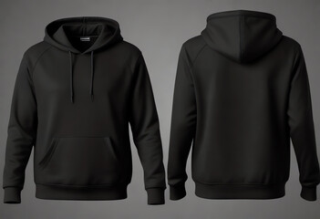 black hoodie sweatshirt mock up front and back view isolated on grey background