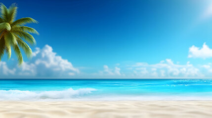 Obraz premium Tranquil beach scene with palm trees, clear blue sky, and gentle waves, perfect for relaxation and vacation vibes.
