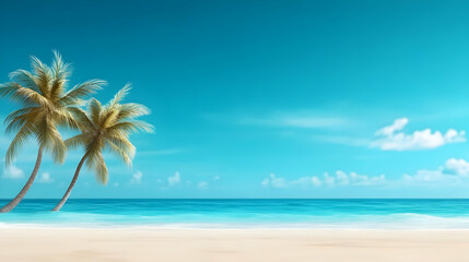 Fototapeta premium Tropical beach with palm trees, clear blue water, and a serene sky.