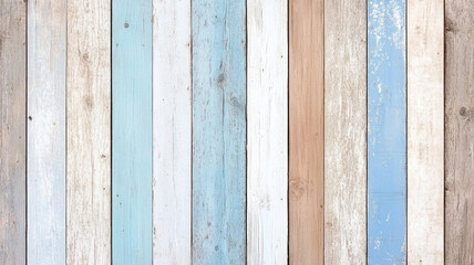 Rustic wooden wall with soft patina, featuring blend of light blue, white, and natural wood tones, creating warm and inviting atmosphere