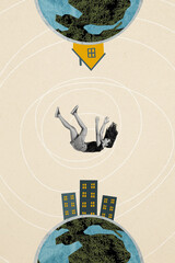Creative trend collage of falling female leave home scared refugee planet earth template metaphor...