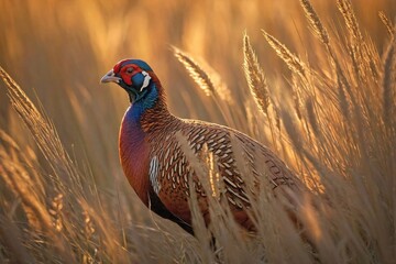 Fototapeta premium Pheasant in a Field of Tall Wild Grasses
