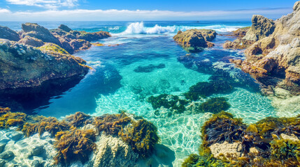 Crystal-clear tidal pools filled with colorful marine life along a rugged coastline.